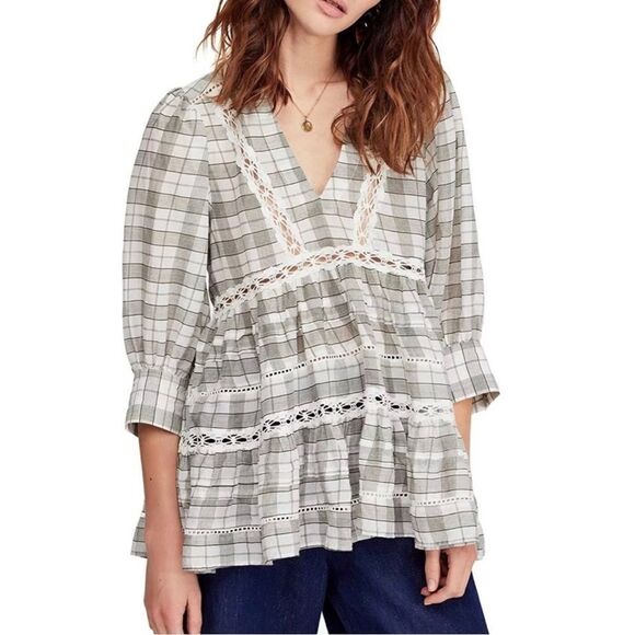 Free People Tops - Free People Time Out Oversized Plaid Lace Tunic